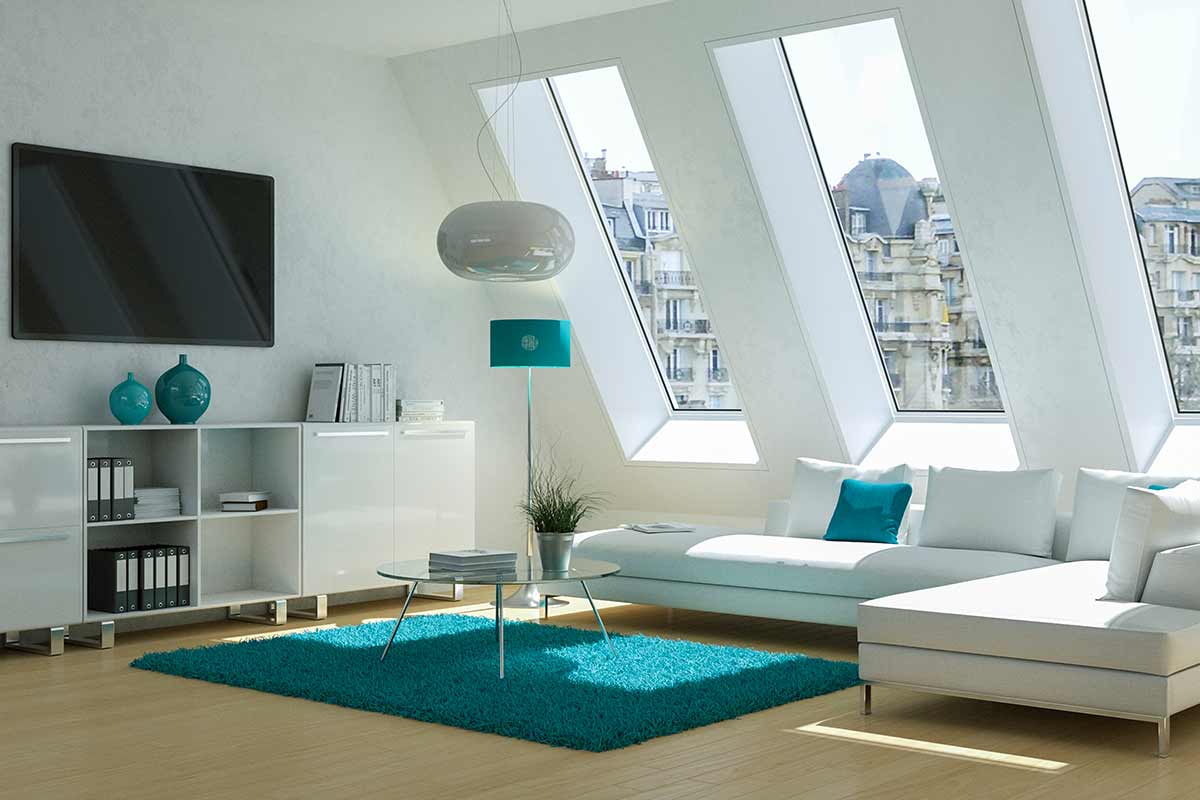 soggiorno moderno con arredamento bianco e blu turchese