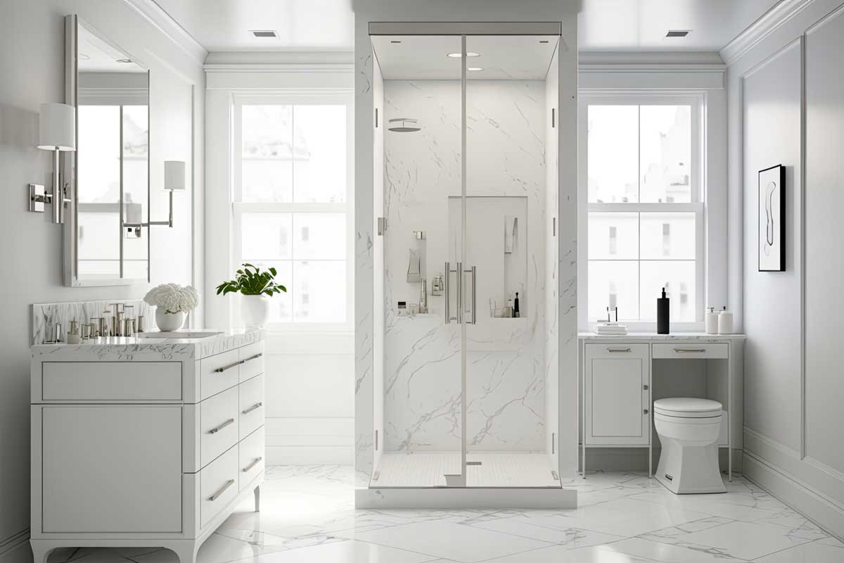 Bagno moderno con box doccia in muratura e rivestimento marmo.