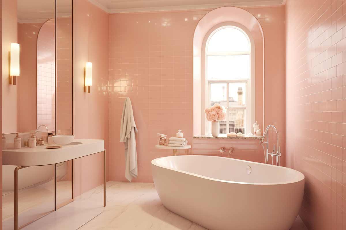 Bagno con mattonelle rosa pastello.