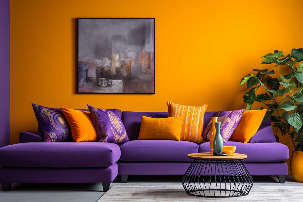 soggiorno con divano color lavanda e parete arancione