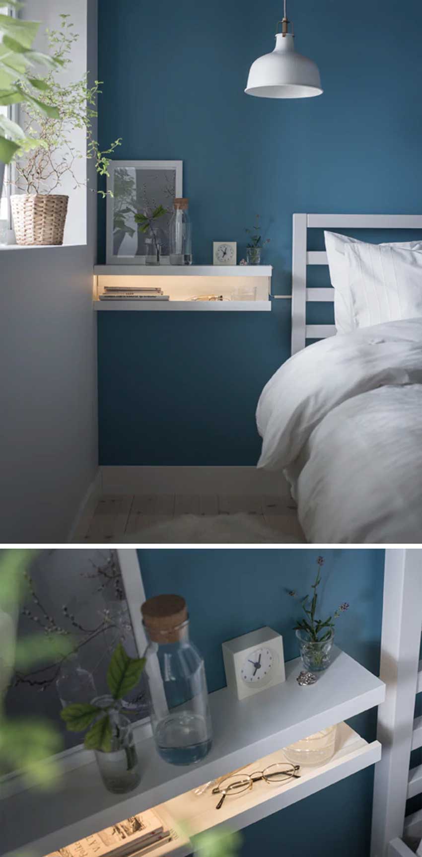 Mensole IKEA Mosslanda usate in camera da letto come comodino a parete con aggiunta di luci led 