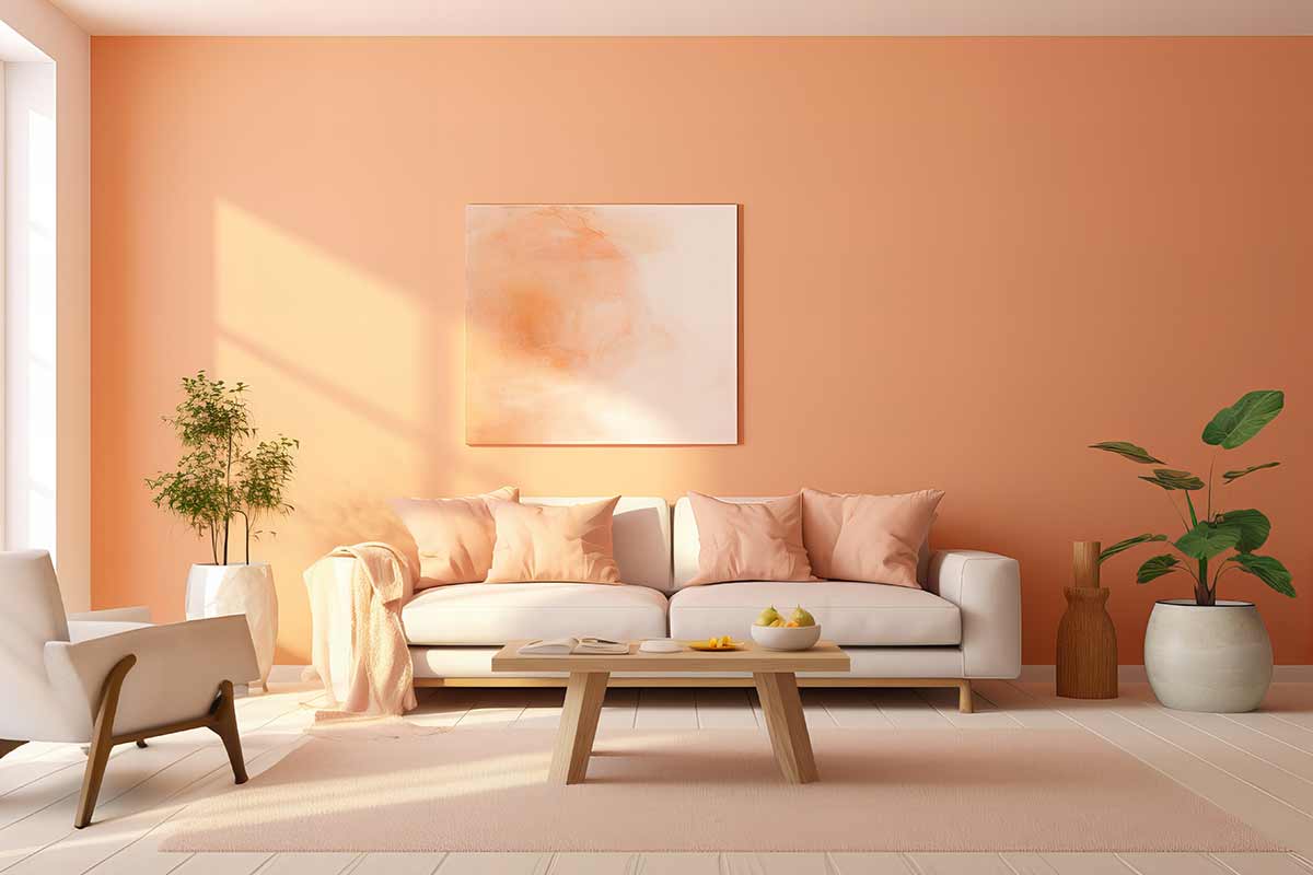 Parete color Peach Fuzz in soggiorno