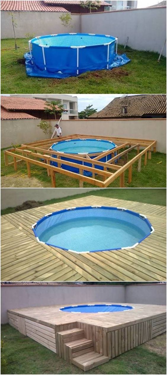 costruzione di un soppalco in legno attorno ad una piscina fuori terra.