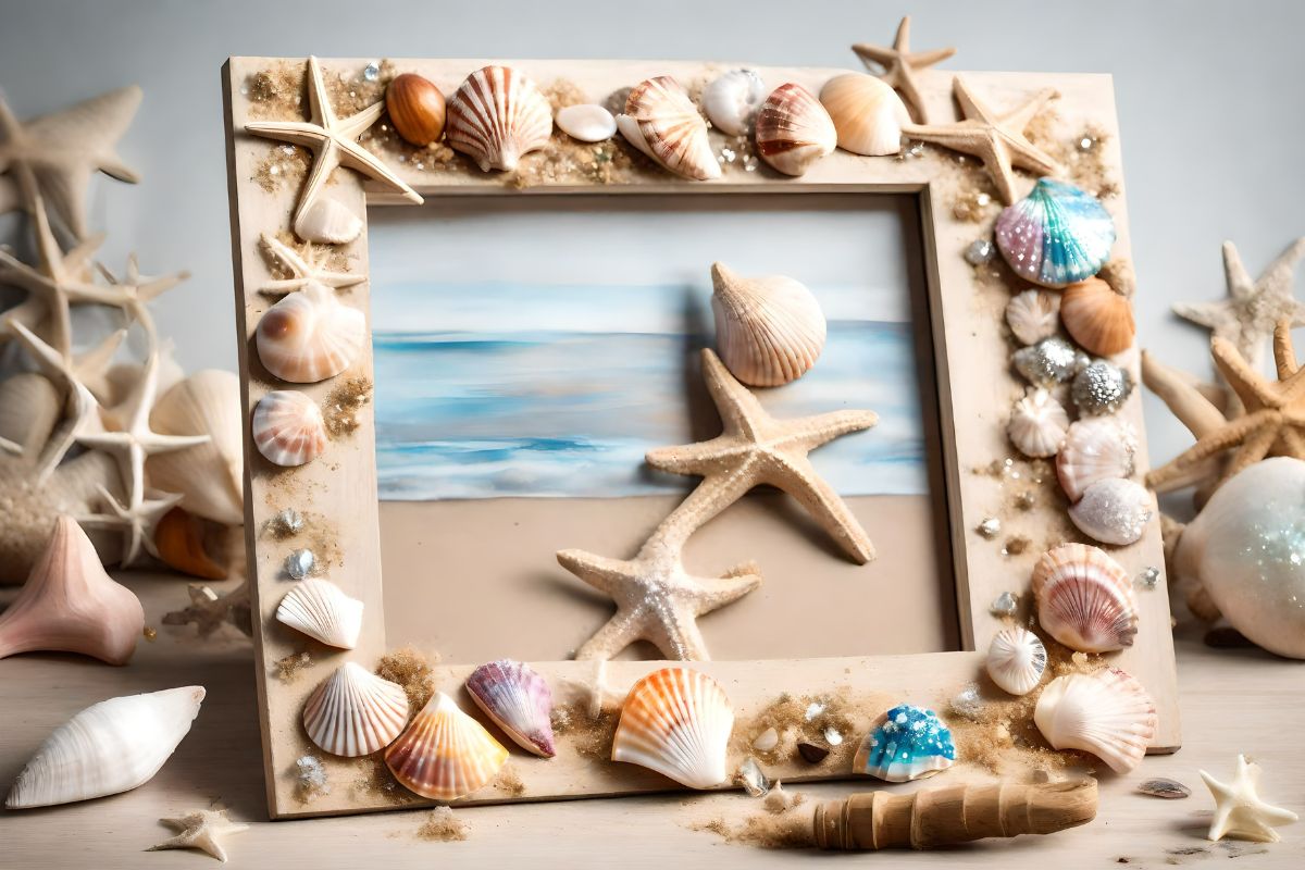 Decorazioni marine con conchiglie su cornice