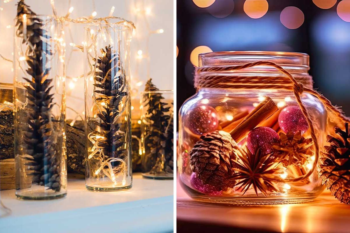 decorare un vaso con le pigne per Natale