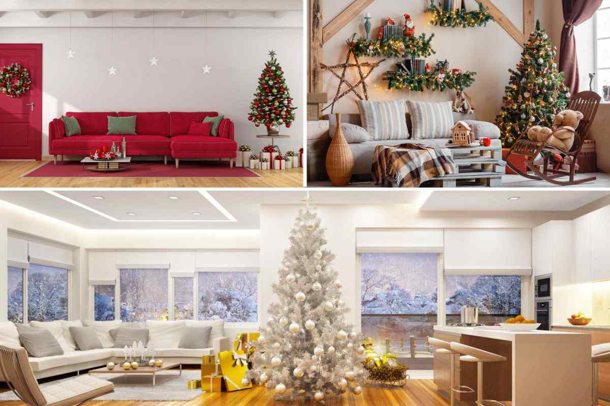 arredare il soggiorno a Natale con colori bianco, rosso e in stile country