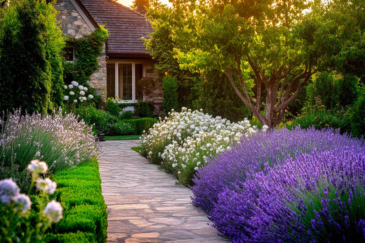 lavanda rigogliosa ad agosto in un viale di casa in giardino